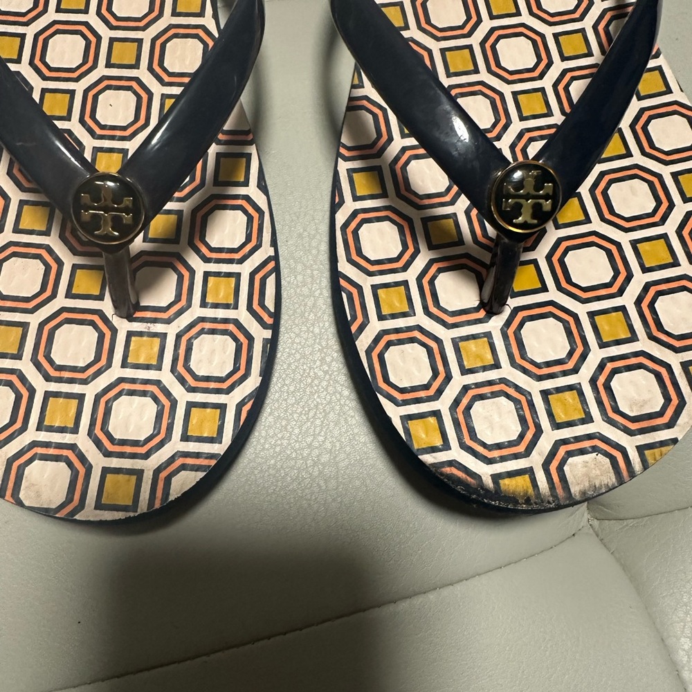 Geometric Pattern Flip Flops With Navy Straps - image 2